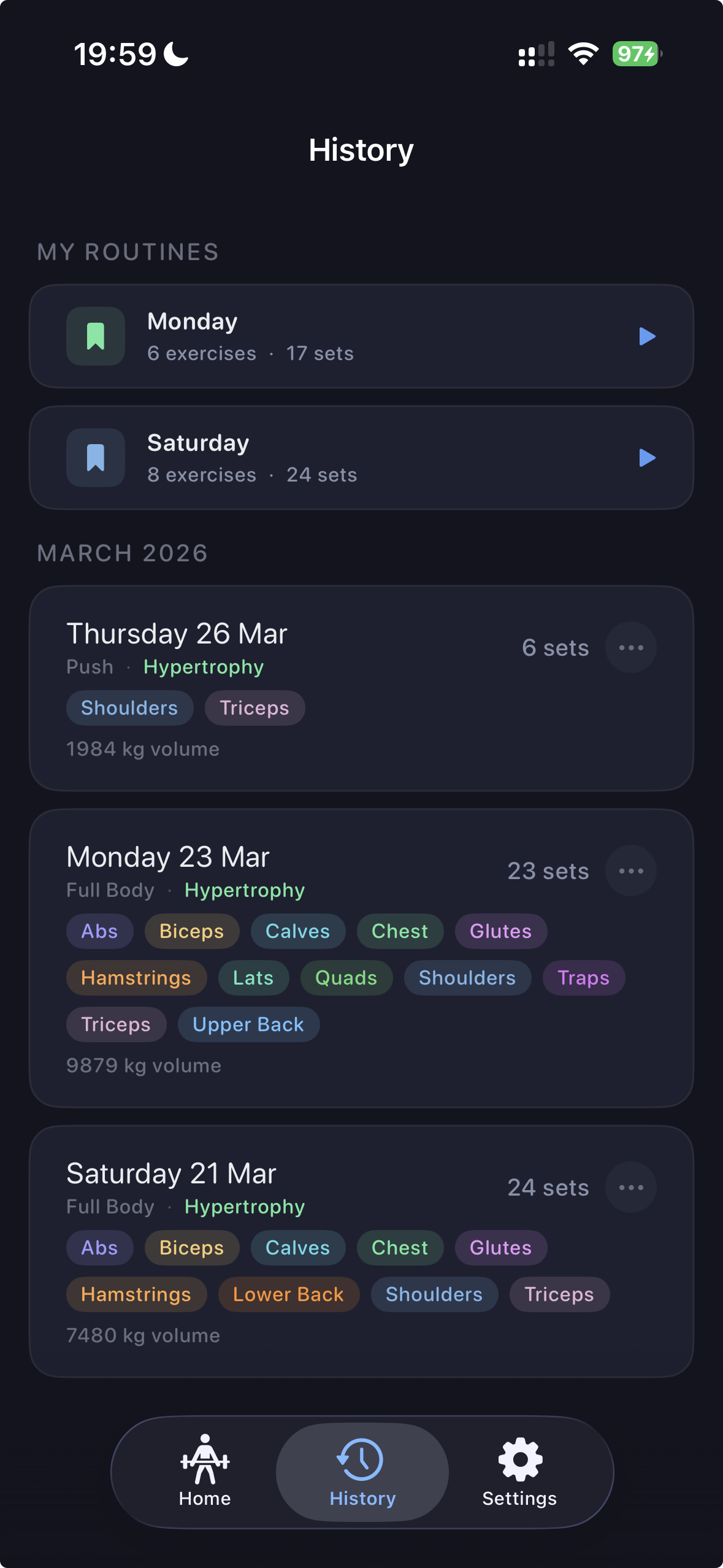 KasMaker workout history screen
