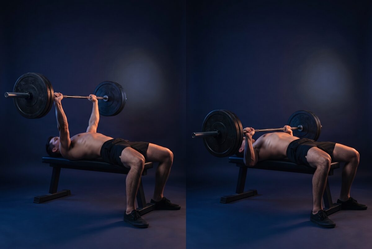 Barbell Bench Press (Medium Grip): the start and the finish of one rep