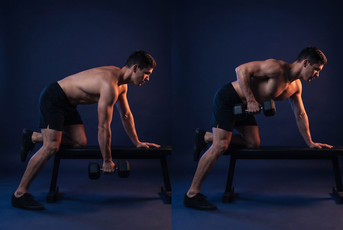 One-Arm Dumbbell Row: the start and the finish of one rep