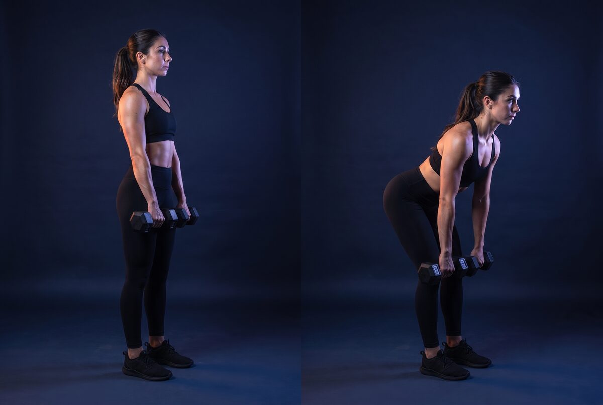 Stiff-Legged Dumbbell Deadlift: the start and the finish of one rep