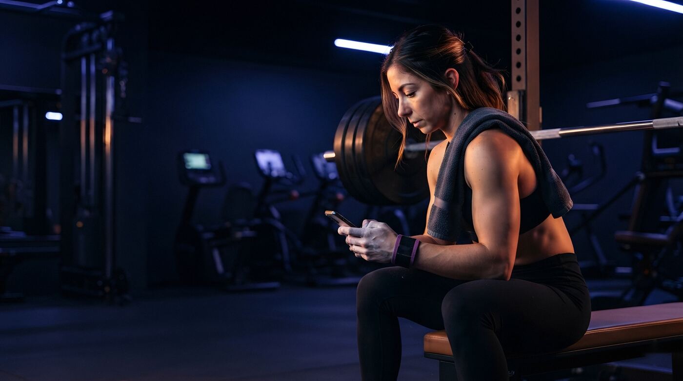 A lifter on a gym bench between sets, checking her phone