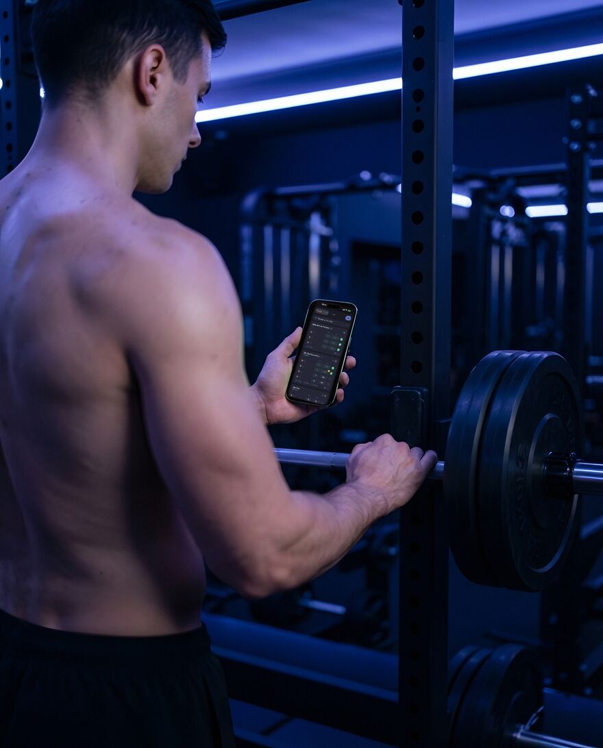 A lifter at the squat rack, logging a set on his phone
