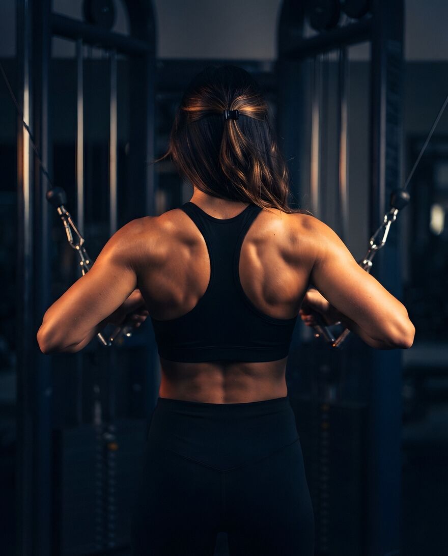 A lifter's back and shoulders working through a cable fly