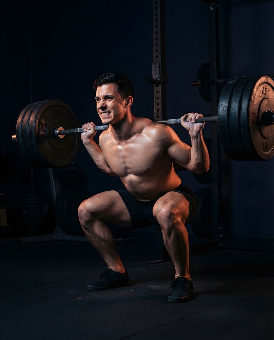 A lifter at the bottom of a heavy barbell back squat