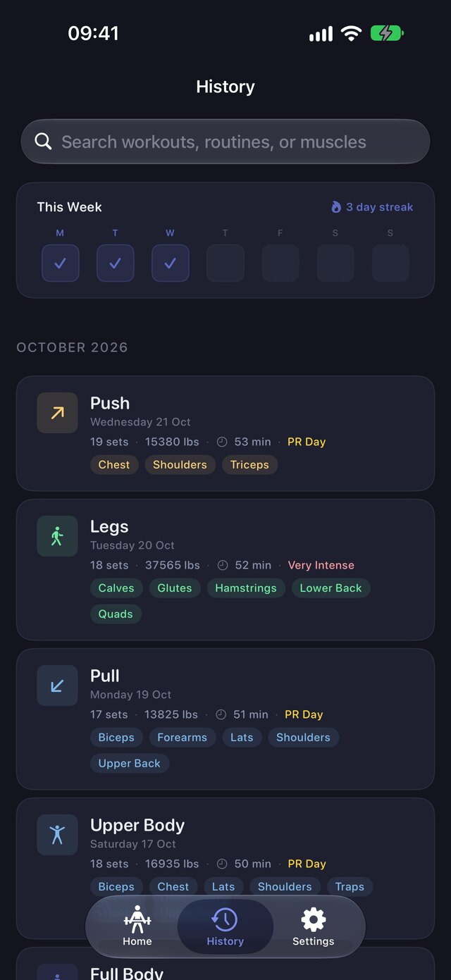 KasMaker workout history screen