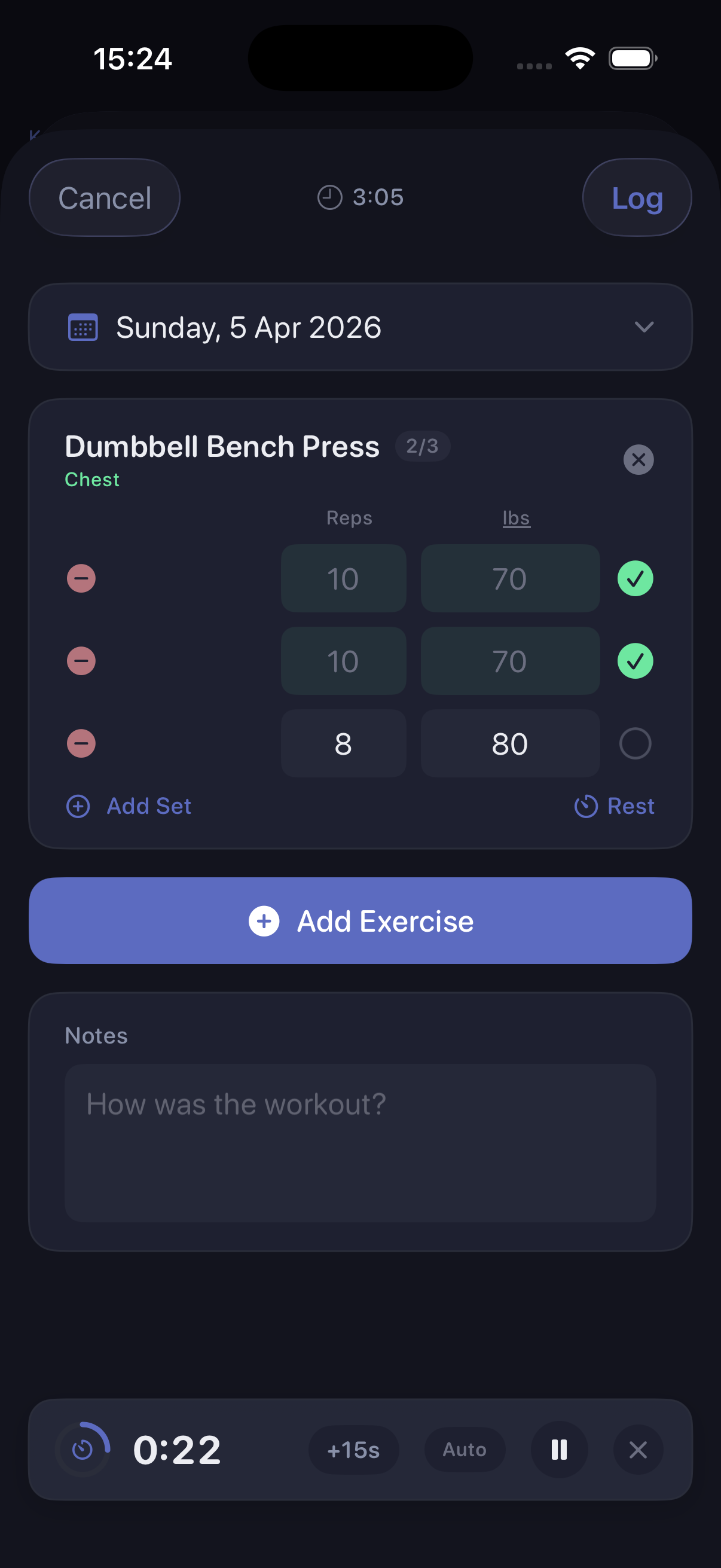 KasMaker workout logging screen